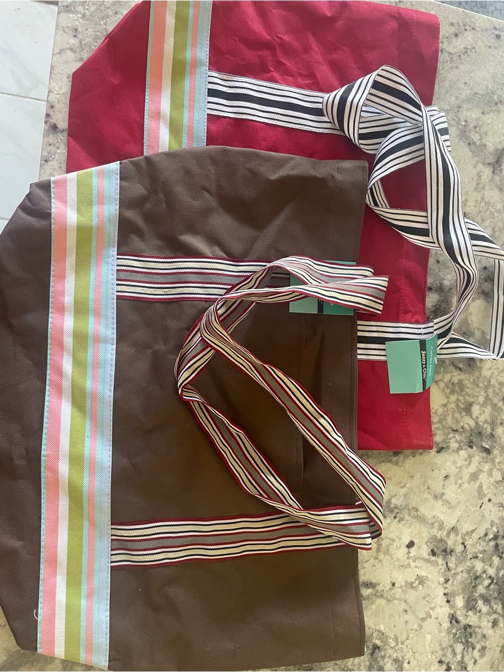 Striped Strap Canvas Tote Bag - Brown & Red